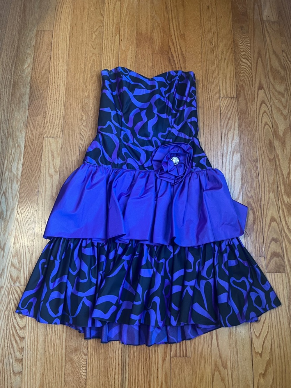 Vintage 80s Strapless Purple & Black Party Evening Dress
